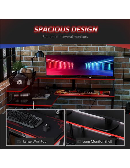 HOMCOM L Shaped Gaming Desk, Corner Computer Desk with Monitor Stand for Home Office, 140 x 130 x 93cm, Black and Red