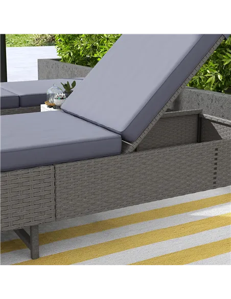 Outsunny Outdoor PE Rattan Sun Lounger Set of 2, Multi-position Backrest Adjustable Single Recliner Sunbed Daybed with Removeabl