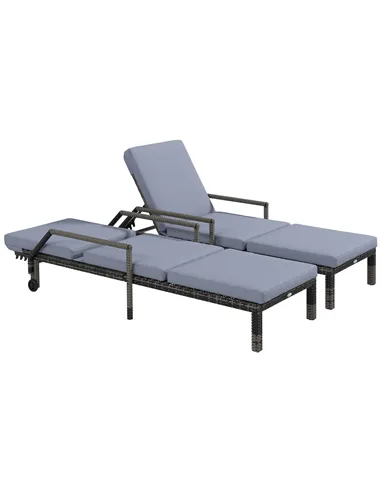 Outsunny Outdoor PE Rattan Sun Lounger Set of 2, Wicker Chaise Recliner Garden Chair with 5-Level Adjustable Backrest and 2 Whee