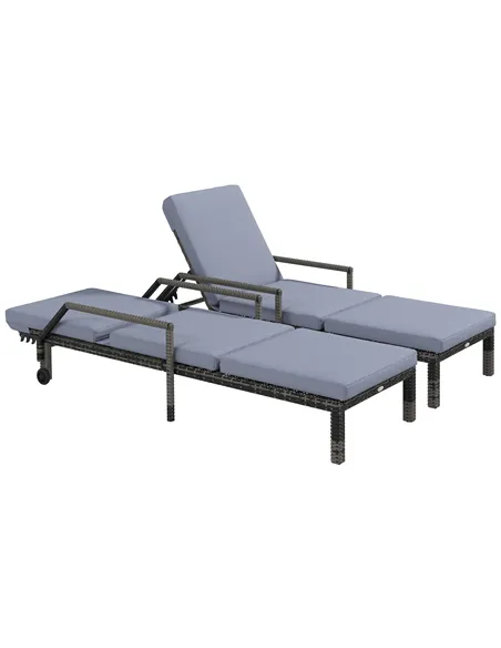 Outsunny Outdoor PE Rattan Sun Lounger Set of 2, Wicker Chaise Recliner Garden Chair with 5-Level Adjustable Backrest and 2 Whee