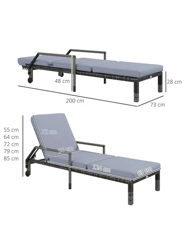 Outsunny Outdoor PE Rattan Sun Lounger Set of 2, Wicker Chaise Recliner Garden Chair with 5-Level Adjustable Backrest and 2 Whee