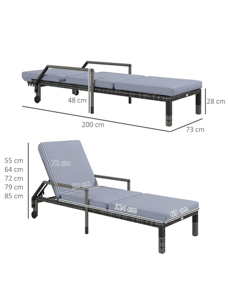 Outsunny Outdoor PE Rattan Sun Lounger Set of 2, Wicker Chaise Recliner Garden Chair with 5-Level Adjustable Backrest and 2 Whee