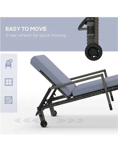 Outsunny Outdoor PE Rattan Sun Lounger Set of 2, Wicker Chaise Recliner Garden Chair with 5-Level Adjustable Backrest and 2 Whee