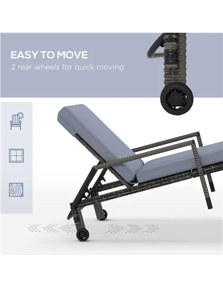 Outsunny Outdoor PE Rattan Sun Lounger Set of 2, Wicker Chaise Recliner Garden Chair with 5-Level Adjustable Backrest and 2 Whee