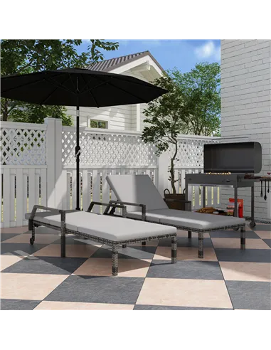 Outsunny Outdoor PE Rattan Sun Lounger Set of 2, Wicker Chaise Recliner Garden Chair with 5-Level Adjustable Backrest and 2 Whee