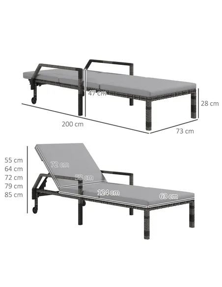 Outsunny Outdoor PE Rattan Sun Lounger Set of 2, Wicker Chaise Recliner Garden Chair with 5-Level Adjustable Backrest and 2 Whee
