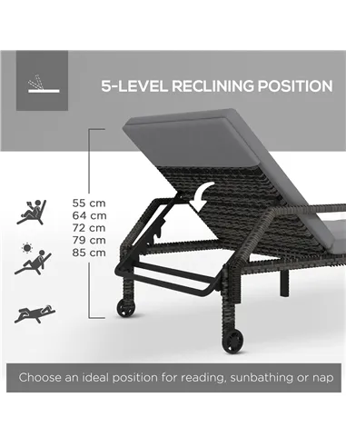 Outsunny Outdoor PE Rattan Sun Lounger Set of 2, Wicker Chaise Recliner Garden Chair with 5-Level Adjustable Backrest and 2 Whee