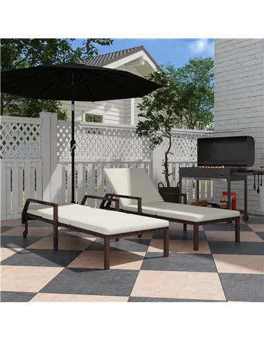 Outsunny Outdoor PE Rattan Sun Lounger Set of 2, Wicker Chaise Recliner Garden Chair with 5-Level Adjustable Backrest and 2 Whee