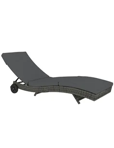 Outsunny Patio Wicker Chaise Lounge Chair, Outdoor PE Rattan Sun Lounger with Adjustable Backrest and 2 Wheels, Dark Grey