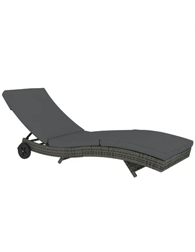 Outsunny Patio Wicker Chaise Lounge Chair, Outdoor PE Rattan Sun Lounger with Adjustable Backrest and 2 Wheels, Dark Grey