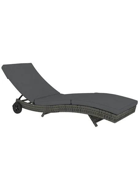 Outsunny Patio Wicker Chaise Lounge Chair, Outdoor PE Rattan Sun Lounger with Adjustable Backrest and 2 Wheels, Dark Grey