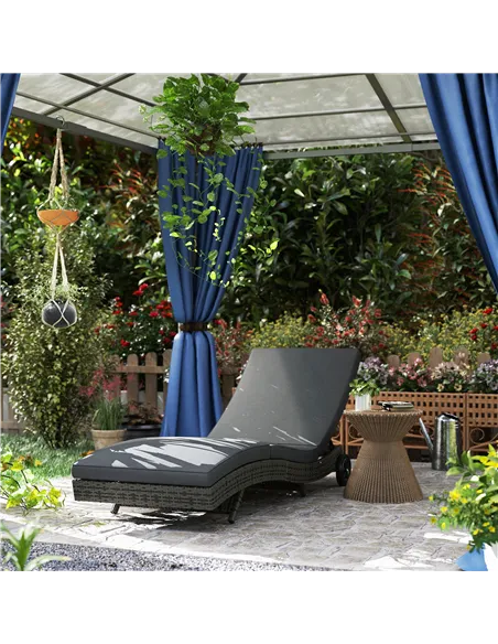 Outsunny Patio Wicker Chaise Lounge Chair, Outdoor PE Rattan Sun Lounger with Adjustable Backrest and 2 Wheels, Dark Grey