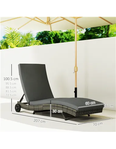 Outsunny Patio Wicker Chaise Lounge Chair, Outdoor PE Rattan Sun Lounger with Adjustable Backrest and 2 Wheels, Dark Grey