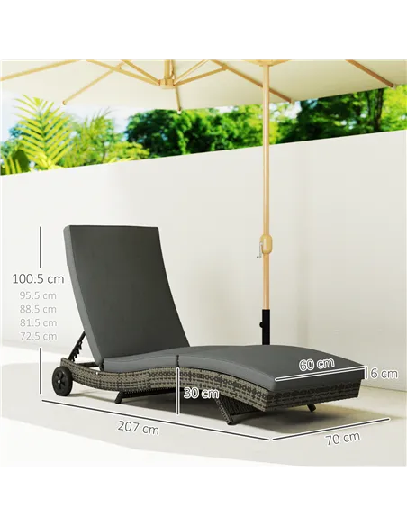 Outsunny Patio Wicker Chaise Lounge Chair, Outdoor PE Rattan Sun Lounger with Adjustable Backrest and 2 Wheels, Dark Grey