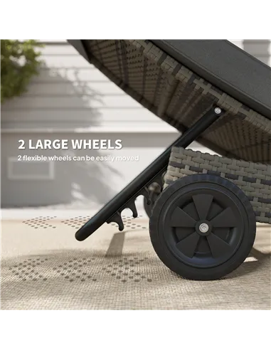 Outsunny Patio Wicker Chaise Lounge Chair, Outdoor PE Rattan Sun Lounger with Adjustable Backrest and 2 Wheels, Dark Grey