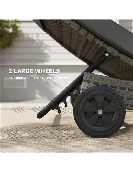 Outsunny Patio Wicker Chaise Lounge Chair, Outdoor PE Rattan Sun Lounger with Adjustable Backrest and 2 Wheels, Dark Grey
