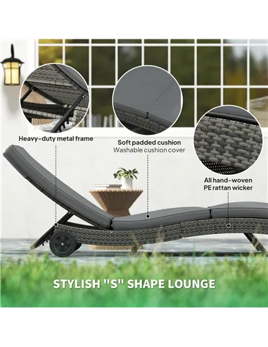 Outsunny Patio Wicker Chaise Lounge Chair, Outdoor PE Rattan Sun Lounger with Adjustable Backrest and 2 Wheels, Dark Grey