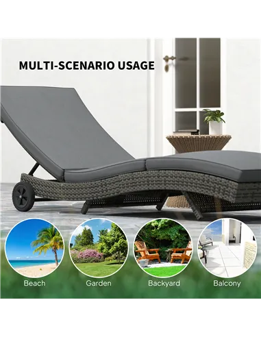 Outsunny Patio Wicker Chaise Lounge Chair, Outdoor PE Rattan Sun Lounger with Adjustable Backrest and 2 Wheels, Dark Grey
