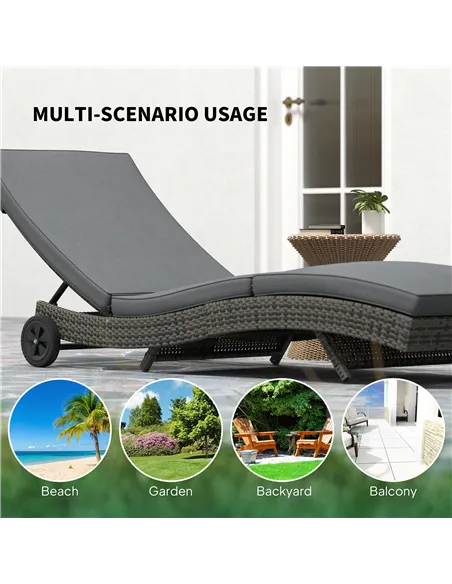 Outsunny Patio Wicker Chaise Lounge Chair, Outdoor PE Rattan Sun Lounger with Adjustable Backrest and 2 Wheels, Dark Grey