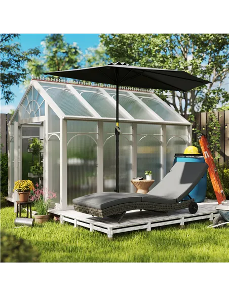 Outsunny Patio Wicker Chaise Lounge Chair, Outdoor PE Rattan Sun Lounger with Adjustable Backrest and 2 Wheels, Dark Grey