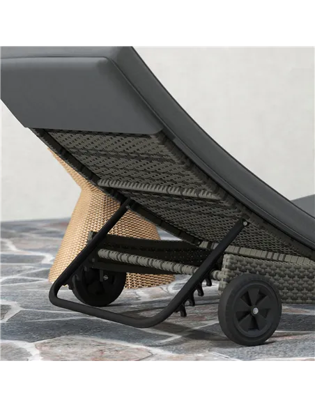 Outsunny Patio Wicker Chaise Lounge Chair, Outdoor PE Rattan Sun Lounger with Adjustable Backrest and 2 Wheels, Dark Grey