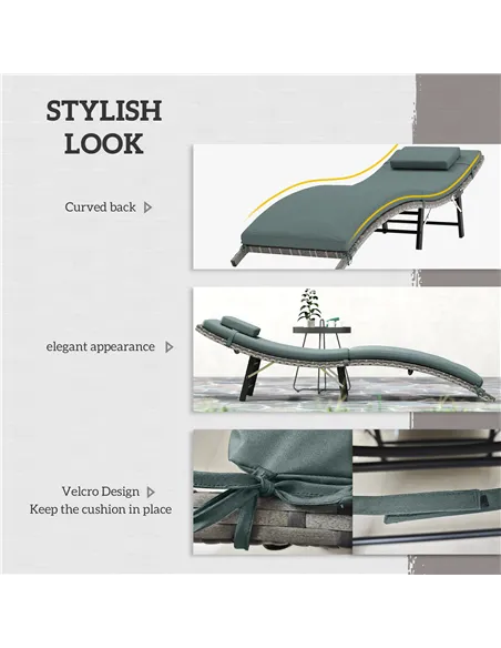 Outsunny Rattan Folding Sun Lounger Outdoor Chair with Cushion and Pillow Mixed Grey