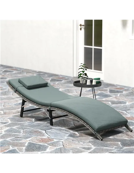 Outsunny Rattan Folding Sun Lounger Outdoor Chair with Cushion and Pillow Mixed Grey