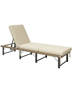 Outsunny Single Folding Rattan Sun Lounger, with Cushion - Grey