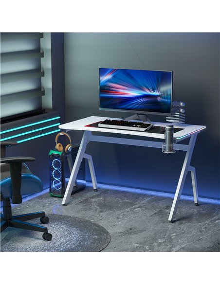 HOMCOM RGB 120 x 66cm Gaming Desk, Computer Table with Carbon Fibre Surface, Headphone Hook, Cup Holder, Controller Rack, Home O