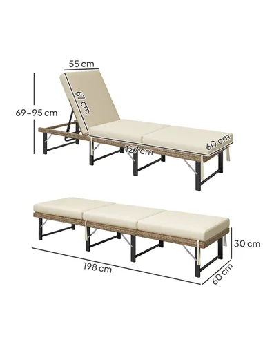 Outsunny Single Folding Rattan Sun Lounger, with Cushion - Grey