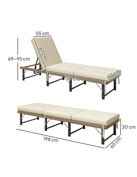Outsunny Single Folding Rattan Sun Lounger, with Cushion - Grey