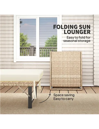 Outsunny Single Folding Rattan Sun Lounger, with Cushion - Grey