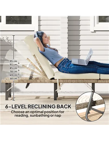 Outsunny Single Folding Rattan Sun Lounger, with Cushion - Grey