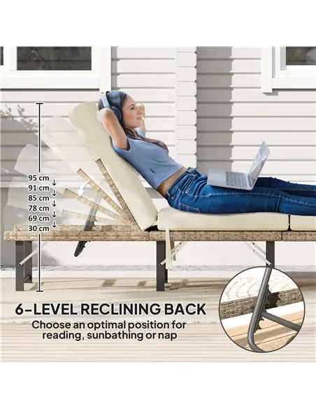 Outsunny Single Folding Rattan Sun Lounger, with Cushion - Grey