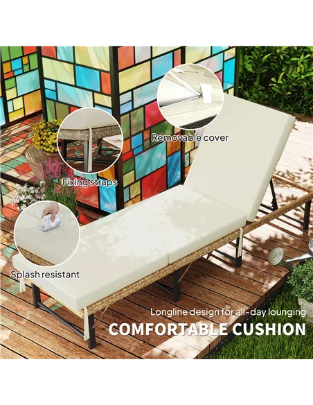 Outsunny Single Folding Rattan Sun Lounger, with Cushion - Grey