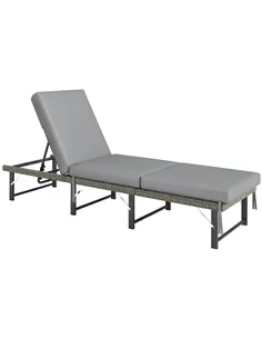 Outsunny Single Folding Rattan Sun Lounger, with Cushion - Grey