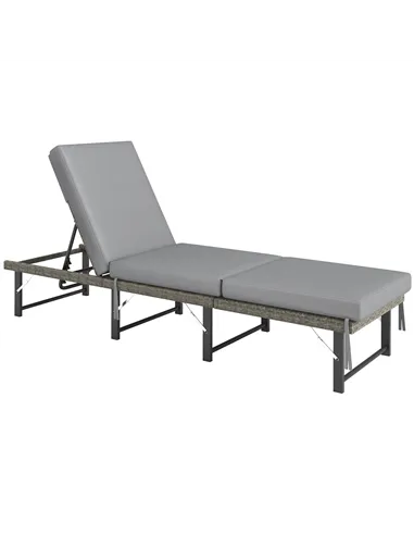 Outsunny Single Folding Rattan Sun Lounger, with Cushion - Grey