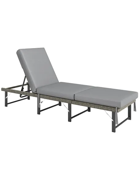 Outsunny Single Folding Rattan Sun Lounger, with Cushion - Grey