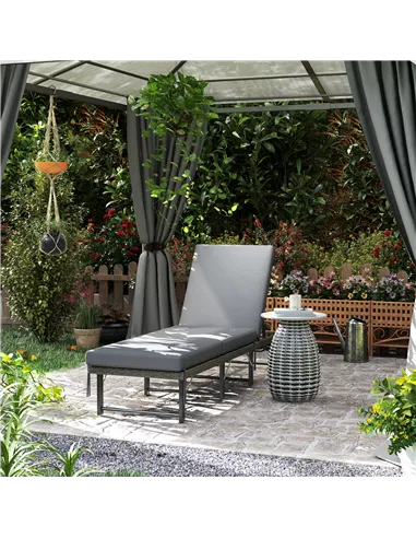 Outsunny Single Folding Rattan Sun Lounger, with Cushion - Grey