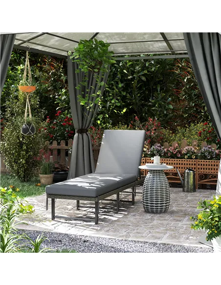 Outsunny Single Folding Rattan Sun Lounger, with Cushion - Grey