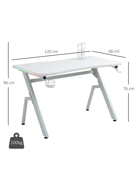 HOMCOM RGB 120 x 66cm Gaming Desk, Computer Table with Carbon Fibre Surface, Headphone Hook, Cup Holder, Controller Rack, Home O