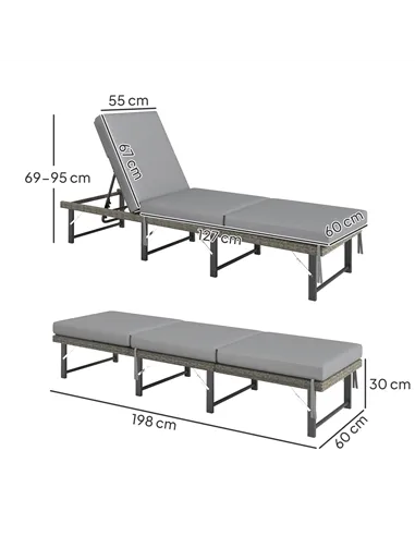 Outsunny Single Folding Rattan Sun Lounger, with Cushion - Grey