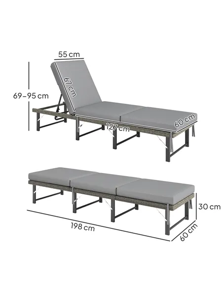 Outsunny Single Folding Rattan Sun Lounger, with Cushion - Grey