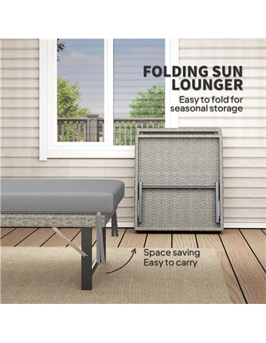 Outsunny Single Folding Rattan Sun Lounger, with Cushion - Grey