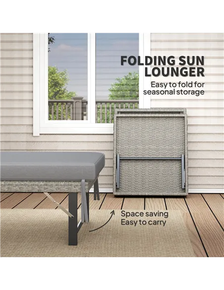Outsunny Single Folding Rattan Sun Lounger, with Cushion - Grey