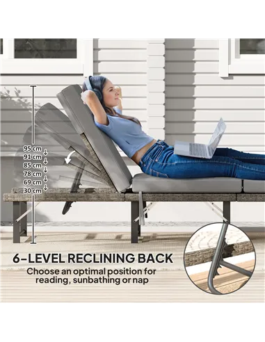 Outsunny Single Folding Rattan Sun Lounger, with Cushion - Grey