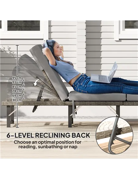 Outsunny Single Folding Rattan Sun Lounger, with Cushion - Grey