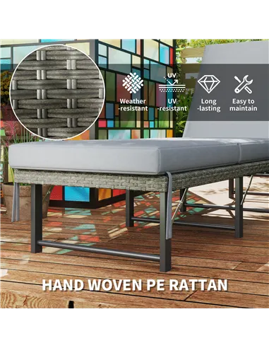 Outsunny Single Folding Rattan Sun Lounger, with Cushion - Grey