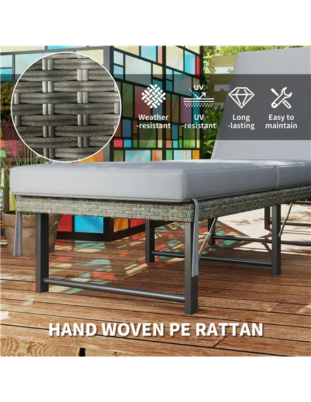 Outsunny Single Folding Rattan Sun Lounger, with Cushion - Grey