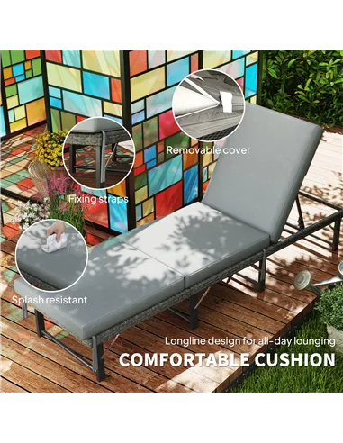 Outsunny Single Folding Rattan Sun Lounger, with Cushion - Grey